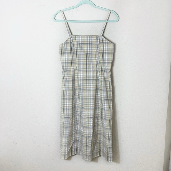 J. Crew A Line Dress Beige Dusty Blue Plaid Spaghetti Strap Square Neck size S - Picture 7 of 7
